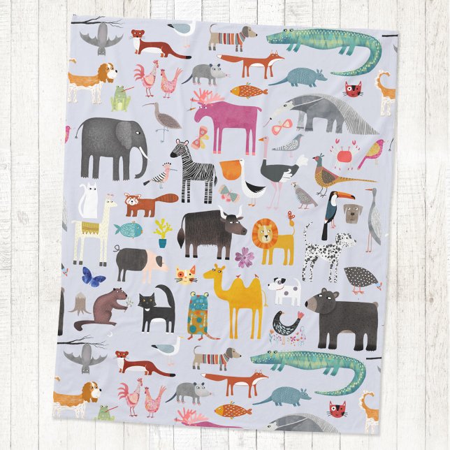 Animal Menagerie Fleece Blanket (Fun animal menagerie with wild, safari, zoo, pet animals and birds pattern fleece blanket)