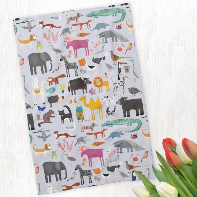 Animal Menagerie Kitchen Towel (Fun animal menagerie with wild, safari, zoo and pet animals and birds pattern kitchen towel)