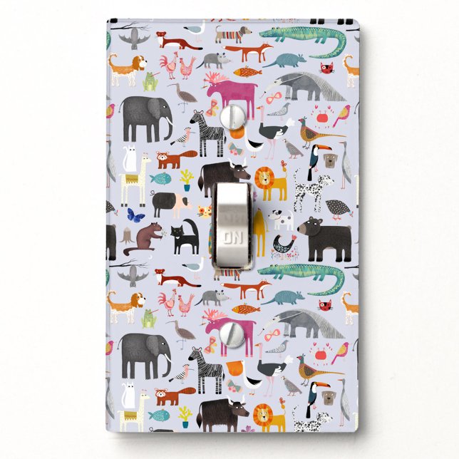 Animal Menagerie Light Switch Cover (Fun animal menagerie with wild, safari, zoo and pet animals and birds pattern light switch cover)