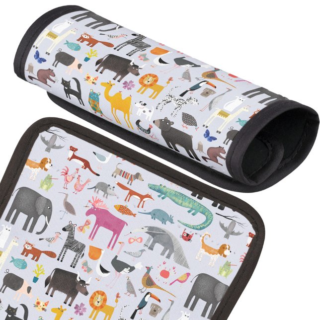 Animal Menagerie Luggage Handle Wrap (Fun animal menagerie with wild, safari, zoo, pet animals and birds pattern luggage handle wrap)