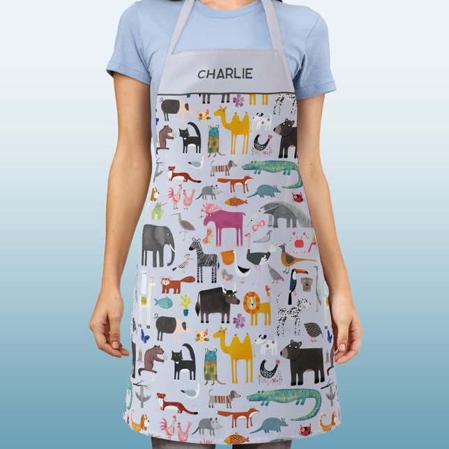 Animal Menagerie Personalized Apron (Fun animal menagerie zoo, wildlife, jungle, safari & pet animals and bird pattern personalized apron)