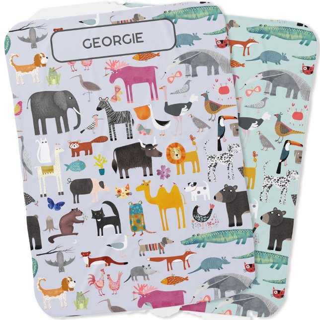 Animal Menagerie Personalized Baby Blanket (Fun zoo, wildlife, farm, jungle and pet animal and bird reversible personalized baby blanket)
