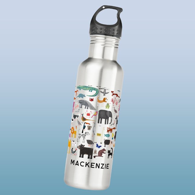 Animal Menagerie Personalized Stainless Steel Water Bottle (Fun animal menagerie with wild, safari, zoo, pet animals and birds pattern personalized water bottle)