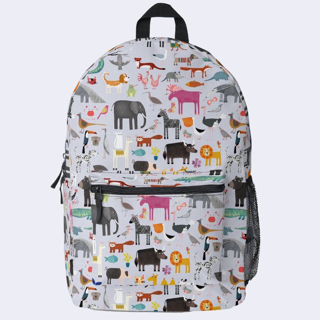 Animal Menagerie Printed Backpack (Animal menagerie backpack with wild, farm, jungle, safari and pet animals and birds)