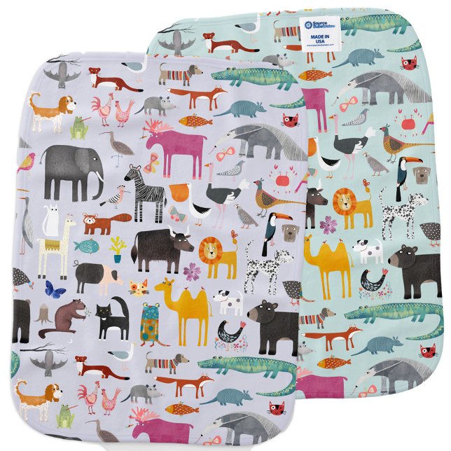 Animal Menagerie Reversible Baby Burp Cloth (Fun animal menagerie with wild, safari, zoo and pet animals and birds pattern reversible burp cloth)