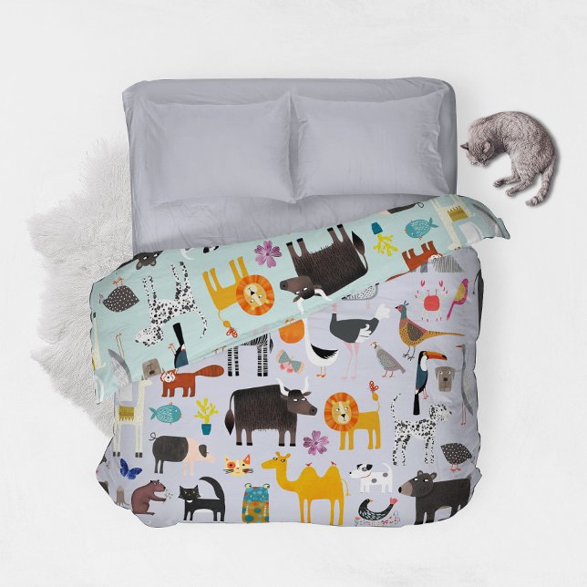 Animal Menagerie Reversible Duvet Cover (Fun animal menagerie with wild, safari, zoo and pet animals and birds pattern reversivle duvet cover)