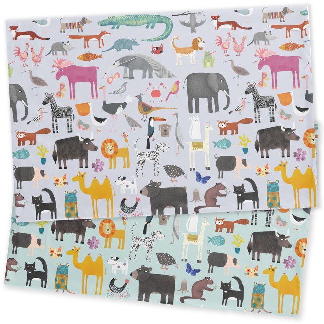 Animal Menagerie Reversible Pillow Case (Fun animal menagerie with wild, safari, zoo and pet animals and birds pattern reversible pillowcase)