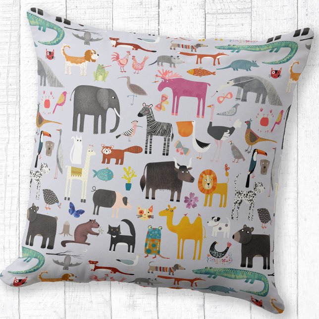 Animal Menagerie Reversible Throw Pillow (Fun animal menagerie with wild, safari, zoo and pet animals and birds pattern reversible pillow)