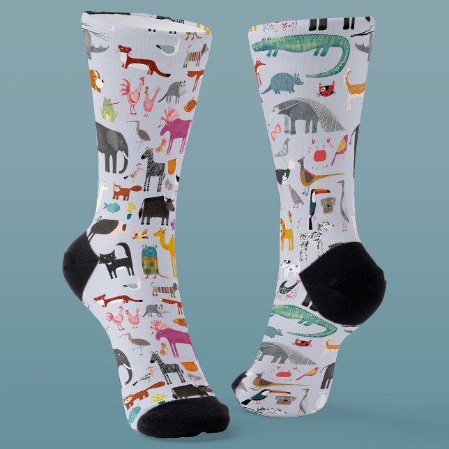 Animal Menagerie Socks (Fun animal menagerie with wild, safari, zoo, pet animals and birds pattern socks)