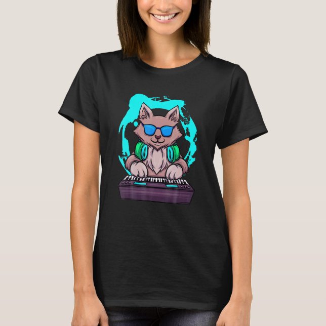 Animal Music Cat  Musician Retro Cat DJ Piano T-Shirt (Front)