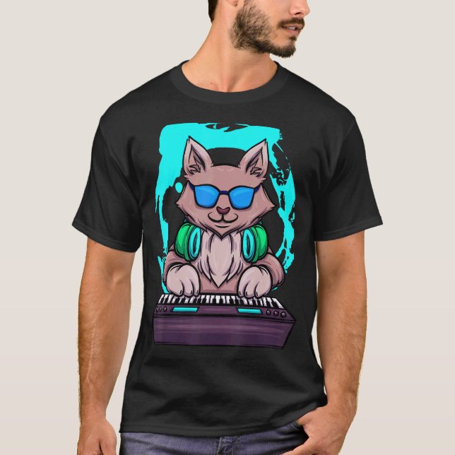 Animal Music Cat  Musician Retro Cat DJ Piano T-Shirt (Front)