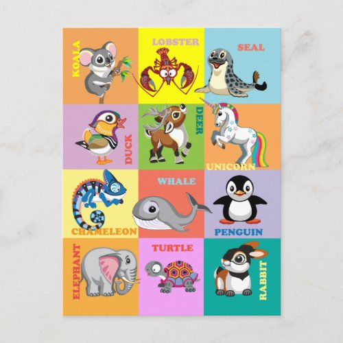 Animal Names with Cartoon Animal Pictures Postcard