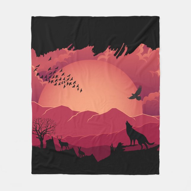 Animal Over the Mountain Sunset  Fleece Blanket (Front)