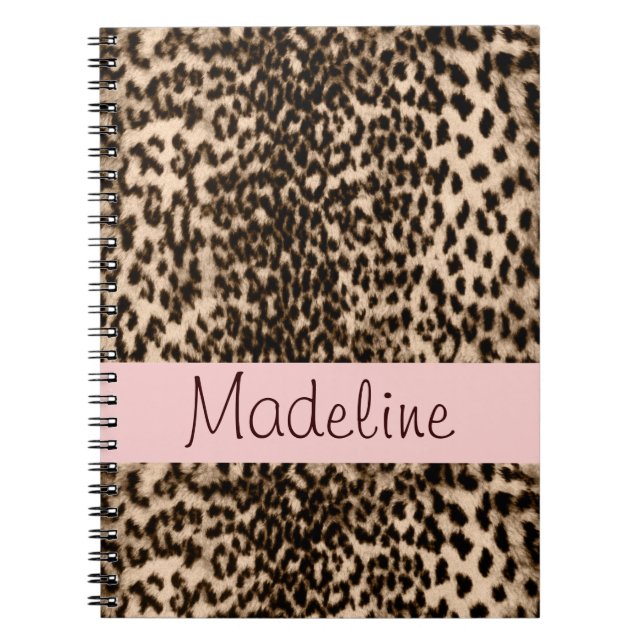 Animal pattern, brown, pink, monogram notebook (Front)
