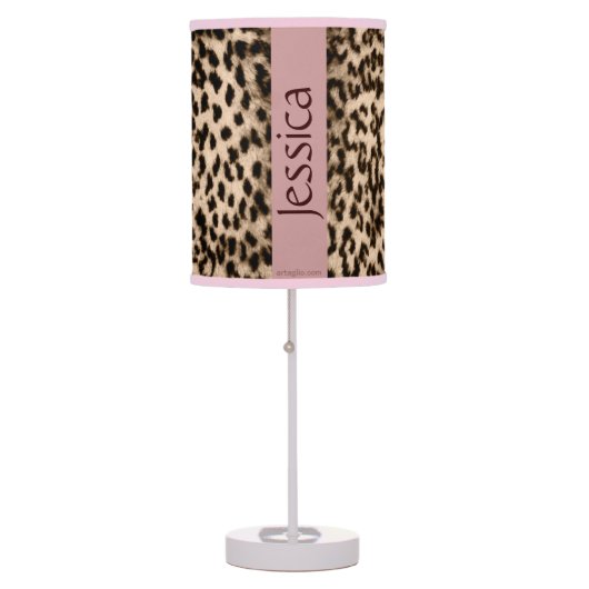 Animal pattern, brown, pink, monogram table lamp (Front)