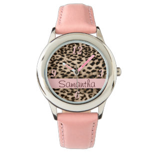 Animal pattern, brown, pink, monogram watch
