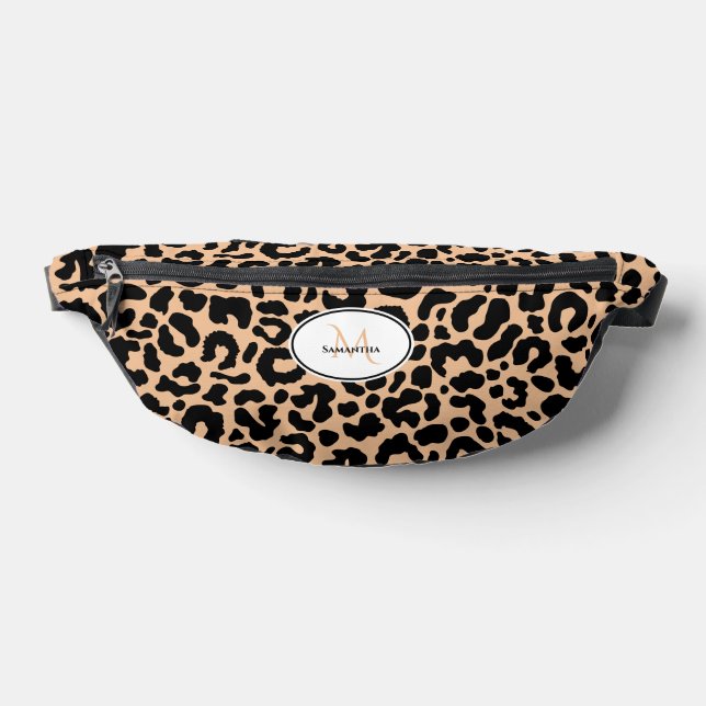 Animal Pattern Customized Name Travel Black Brown Fanny Pack (Lay Down)