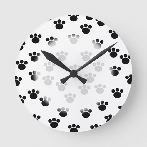 Animal Paw Print Pattern Black and White Round Clock