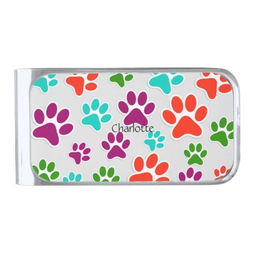 Animal paw print  pattern Custom Name Silver Finish Money Clip