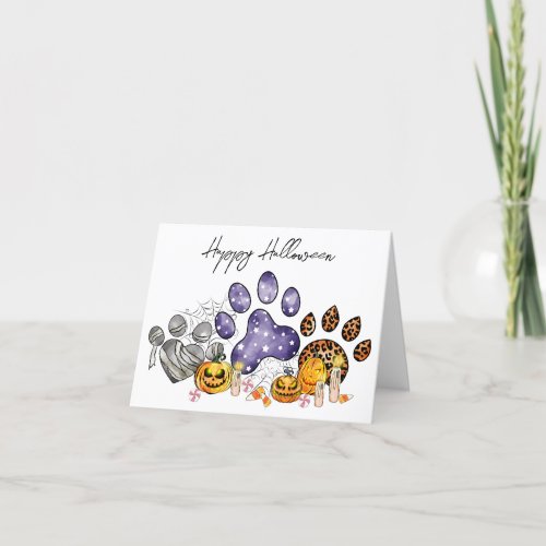 Animal Paw Prints Pumpkin Cat Pet Dog Halloween Holiday Card