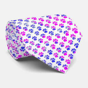 Animal Paw Silhouette Blue Pink on White Neck Tie