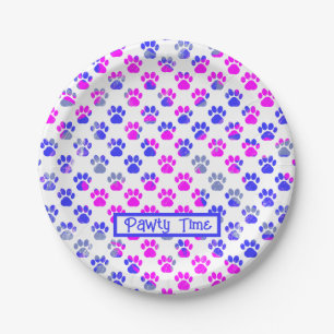 Animal Paw Silhouette Blue Pink Pawty Paper Plates