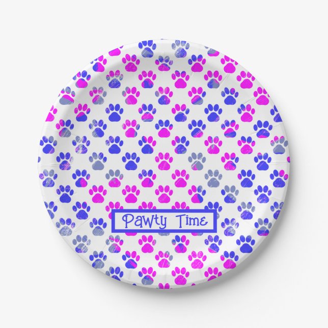 Animal Paw Silhouette Blue Pink Pawty Paper Plates (Front)