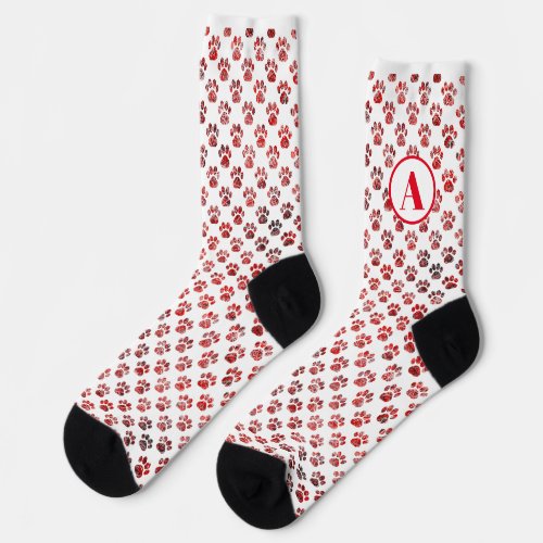 Animal Paw Silhouette Christmas Red Monogram Socks