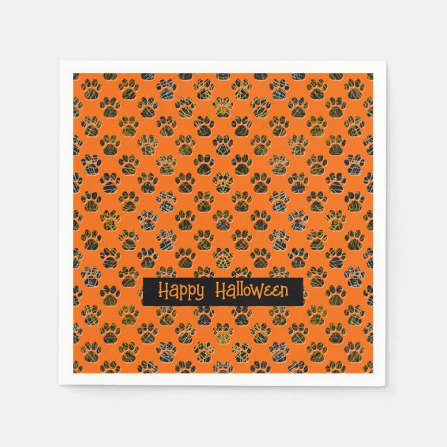 Animal Paw Silhouette Halloween Pawty Orange Napkins (Front)