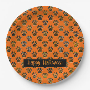 Animal Paw Silhouette Halloween Pawty Orange Paper Plates