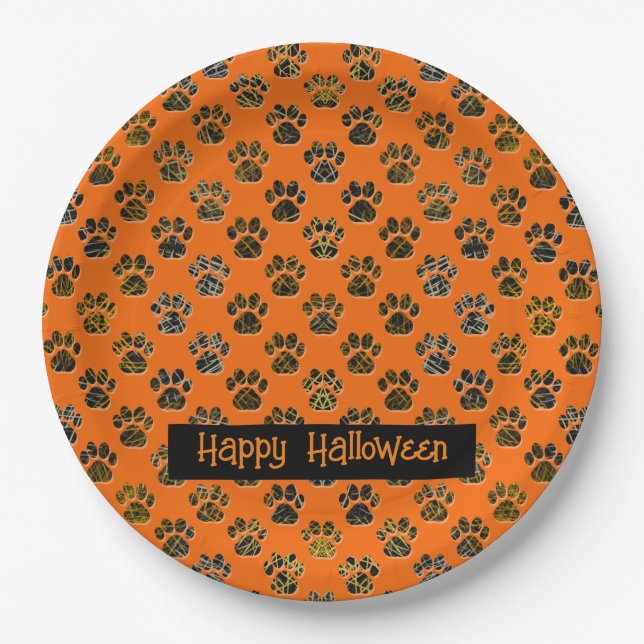 Animal Paw Silhouette Halloween Pawty Orange Paper Plates (Front)