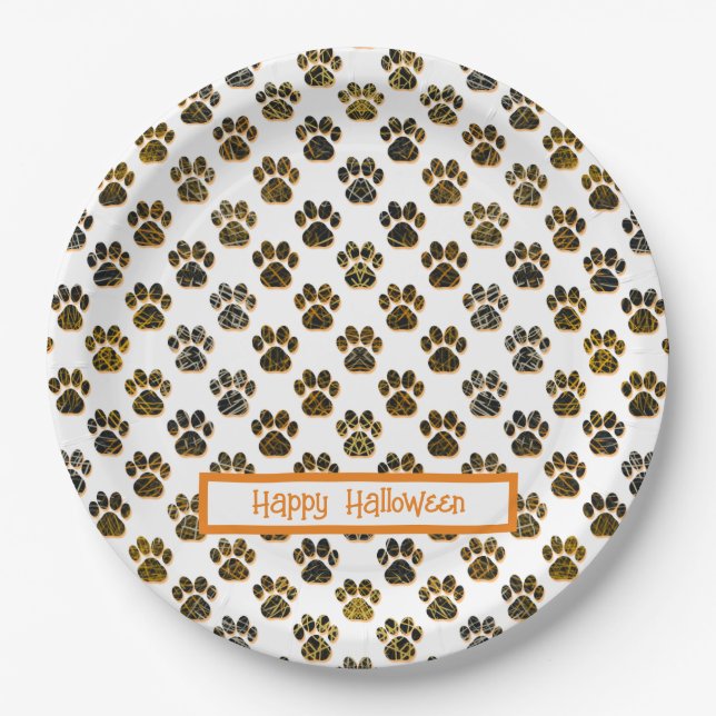 Animal Paw Silhouette Halloween Pawty White Paper Plates (Front)