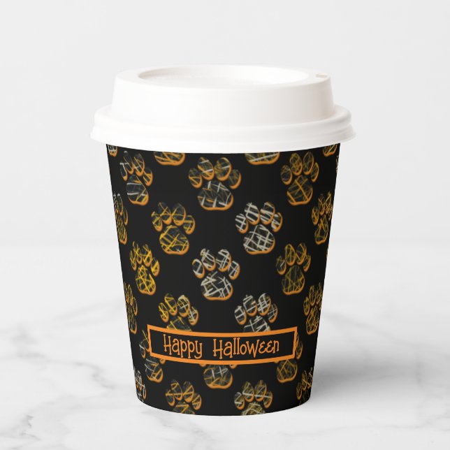 Animal Paw Silhouette Pets Happy Halloween Black Paper Cups (Front)