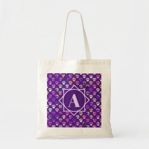Animal Paw Silhouette Purple Custom Monogram Tote Bag