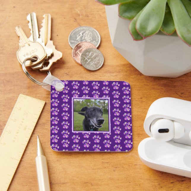 Animal Paw Silhouette Purple Custom Photo Keychain (Desk)