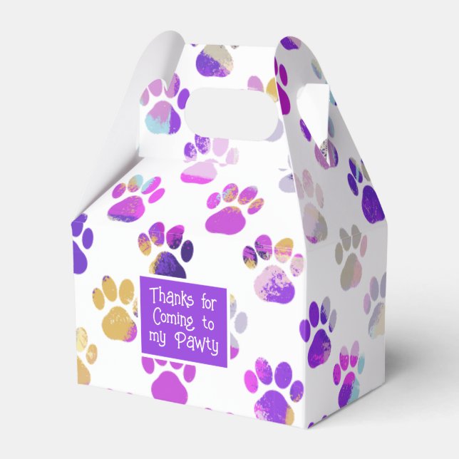 Animal Paw Silhouette Purple Pink Pawty Paper Favor Boxes (Front Side)