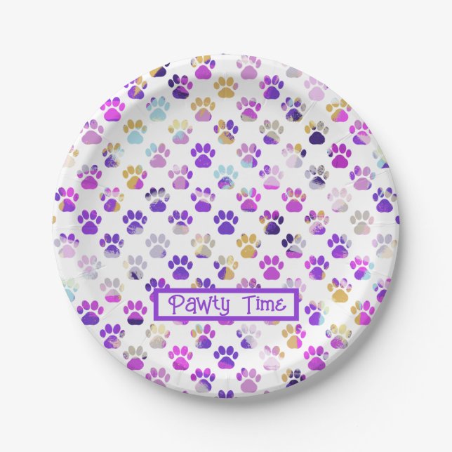 Animal Paw Silhouette Purple Pink Pawty Paper Plates (Front)