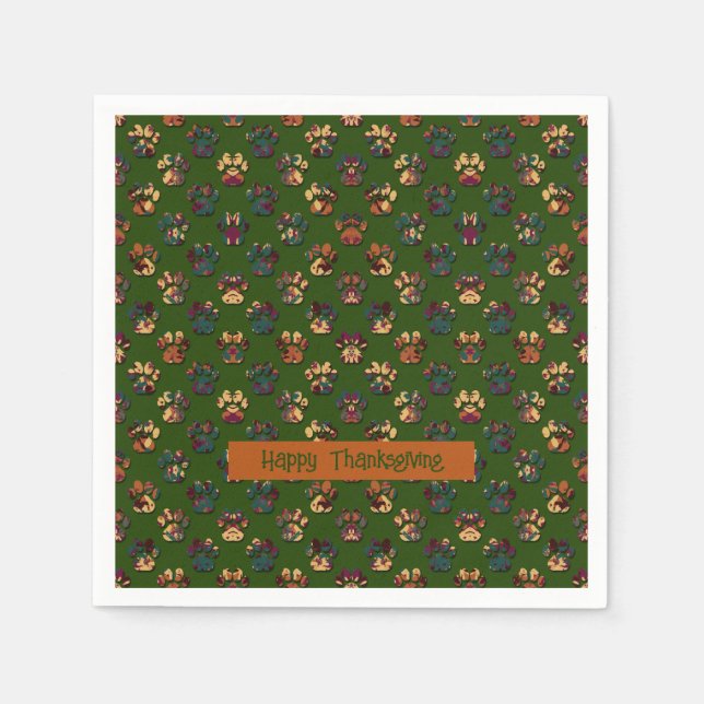Animal Paw Silhouette Thanksgiving Pawty Dk Green Napkins (Front)