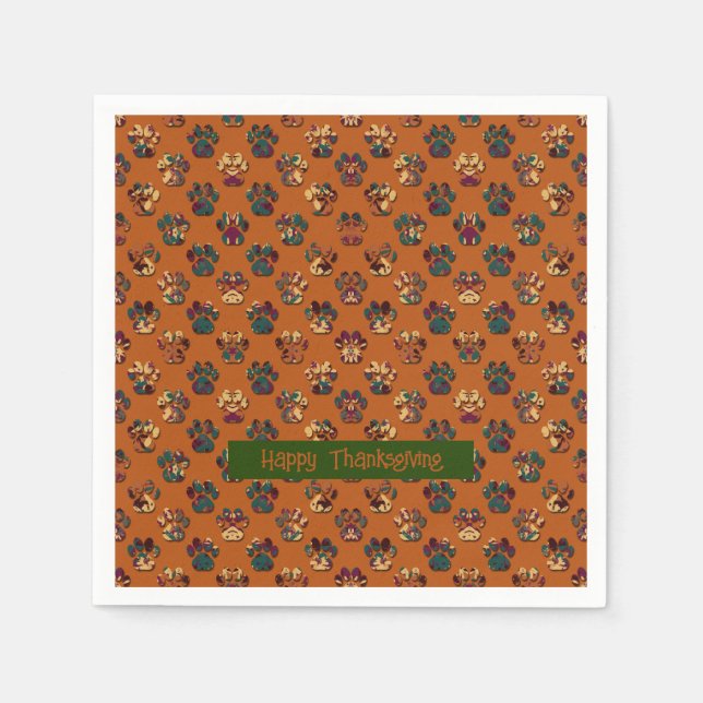 Animal Paw Silhouette Thanksgiving Pawty Dk Orange Napkins (Front)