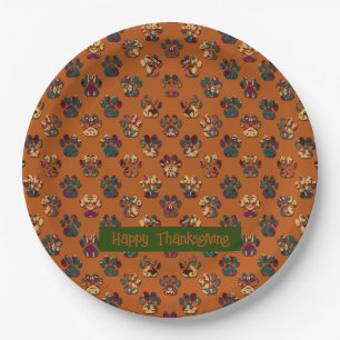 Animal Paw Silhouette Thanksgiving Pawty Dk Orange Paper Plates