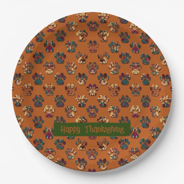 Animal Paw Silhouette Thanksgiving Pawty Dk Orange Paper Plates (Front)