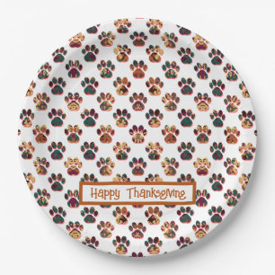 Animal Paw Silhouette Thanksgiving Pawty White Paper Plates