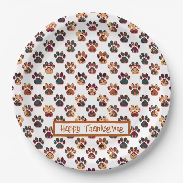Animal Paw Silhouette Thanksgiving Pawty White Paper Plates (Front)