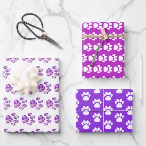 Animal Paws Wrapping Paper Purple Pink Set of 3