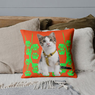 Animal Pet Cat Photo Lime Pattern Orange Custom Throw Pillow