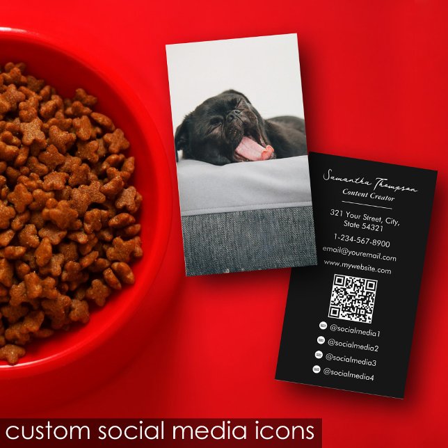 Animal Pet Influencer Full Photo QR Code Black Business Card (Animal Pet Influencer Full Photo QR Code Black Business Card)