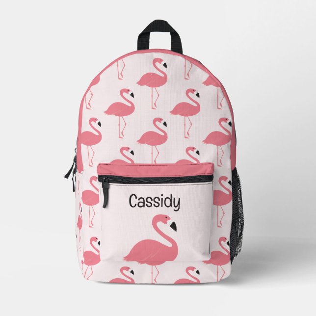 Animal Pink Flamingo Kids Name Printed Backpack (Front)