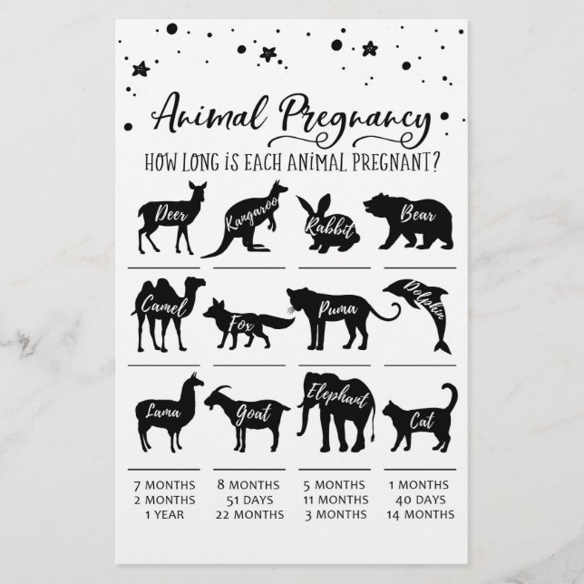Animal Pregnancy with Answers Baby Shower Game (Front)