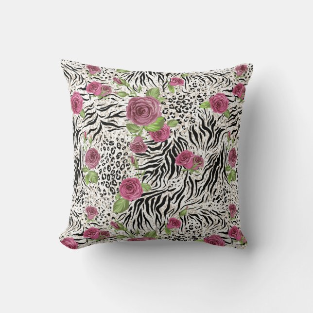 Animal Print and Roses Throw Pillow (Front)