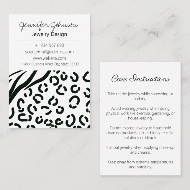 Animal Print Black and White Jewelry Care Cards (Front/Back)